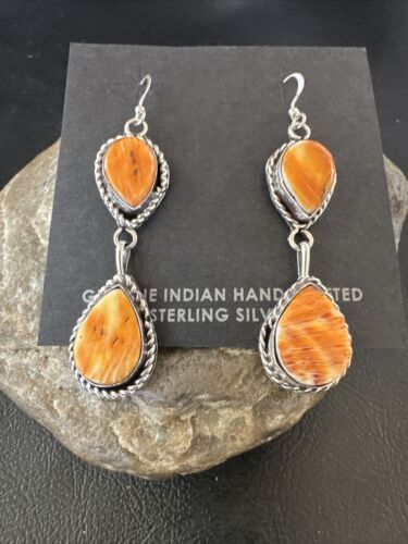 Navajo Orange Spiny Oyster Dangle Earrings | Sterling Silver | 1.5" | Authentic Native American Handmade | 16574