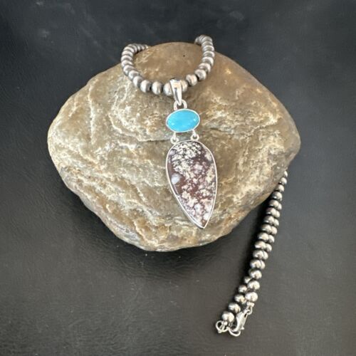 Navajo Wild Horse | Blue Kingman Turquoise Necklace | Sterling Silver | Authentic Native American Handmade | 17316