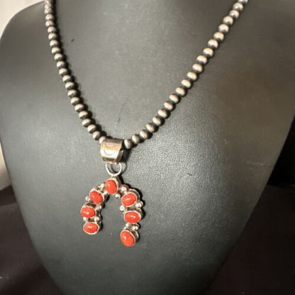 Navajo Horseshoe Naja Red Coral Pendant Necklace | Sterling Silver | Authentic Native American Handmade | 15754