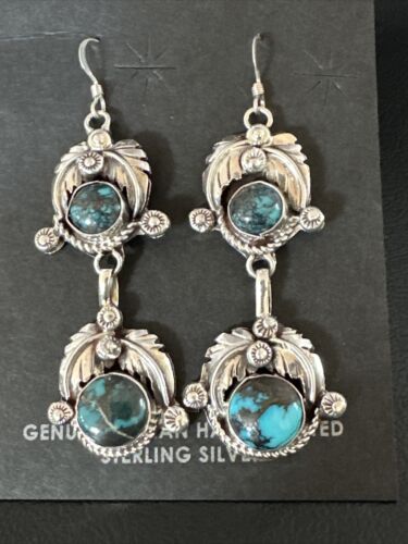 Navajo Blue Spiderweb Turquoise Dangle Earrings | Sterling Silver | Authentic Native American Handmade | 16012