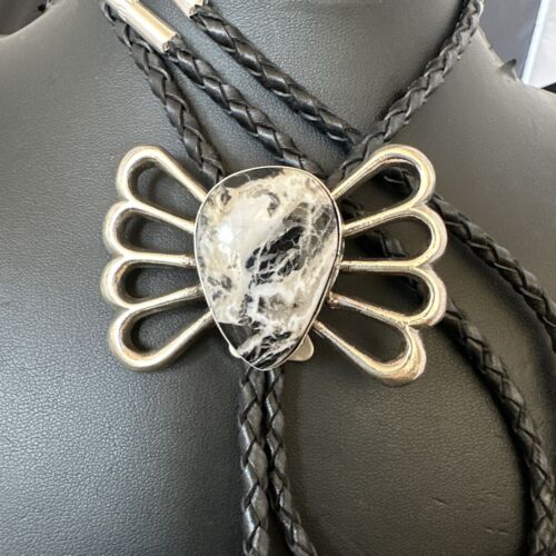 Men's Bolo Tie | White Buffalo Turquoise | Sterling Silver | Navajo | Authentic Native American Handmade | 16798