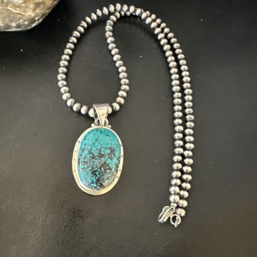 Men's Navajo Blue Spiderweb Turquoise Pendant Necklace | Sterling Silver | Authentic Native American Handmade | 16220