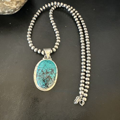 Men's Navajo Blue Spiderweb Turquoise Pendant Necklace | Sterling Silver | Authentic Native American Handmade | 16220