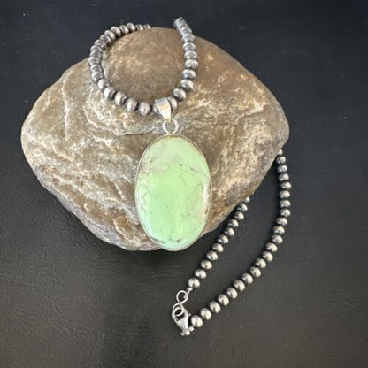 Navajo Green Gaspeite Pendant Necklace | Sterling Silver | Authentic Native American Handmade | 15490