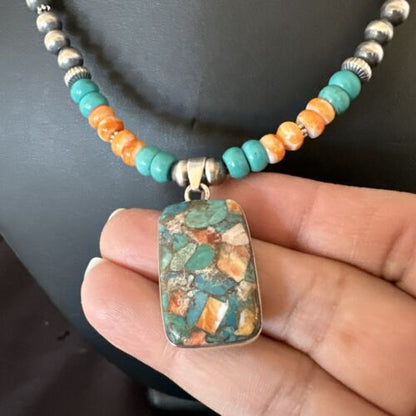 Navajo Spiny Turquoise Pendant Necklace | Sterling Silver | 22" | Authentic Native American Handmade | 17431