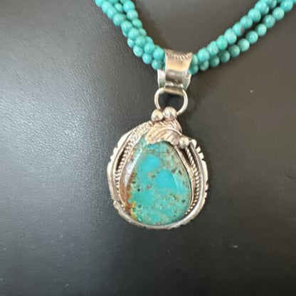 Navajo Blue Turquoise Pendant | Sterling Silver 3-Strand Bead Necklace | 17" | Authentic Native American Handmade | 15997