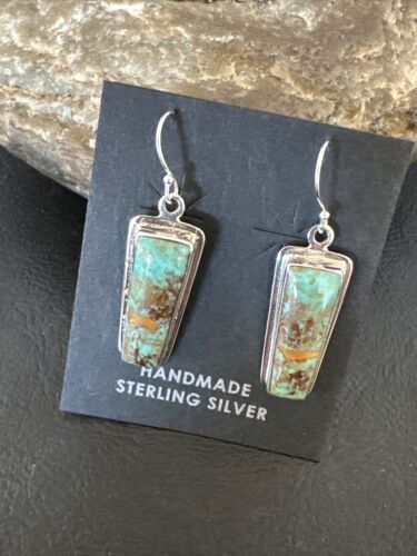 Navajo Blue Turquoise Dangle Earrings | Sterling Silver | Authentic Native American Handmade | 16507