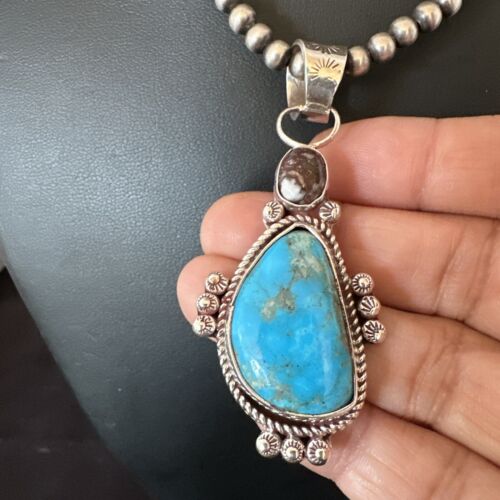 Navajo Blue Kingman Turquoise Wild Horse Pendant Necklace | Sterling Silver | Authentic Native American Handmade | 17223