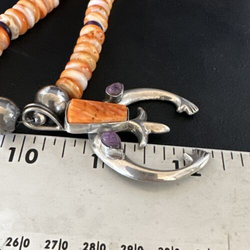 Men's Orange Spiny Oyster Sugilite Naja Pendant Necklace | Navajo Sterling Silver | 22" | Authentic Native American Handmade | 15226