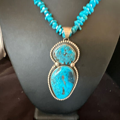 Navajo Blue Kingman Turquoise Pendant Necklace | Sterling Silver | 32" | Authentic Native American Handmade | 16068