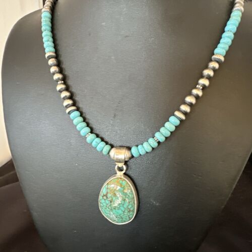 Navajo Blue Spiderweb Turquoise Pendant Necklace | Sterling Silver | Authentic Native American Handmade | 16936