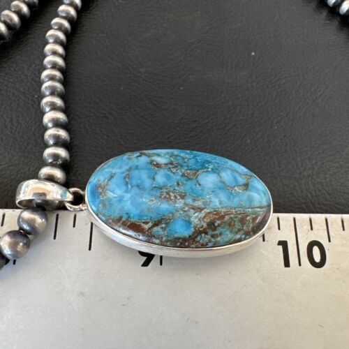 Men's Navajo Blue Spiderweb Turquoise Pendant Necklace | Sterling Silver | Authentic Native American Handmade | 16299