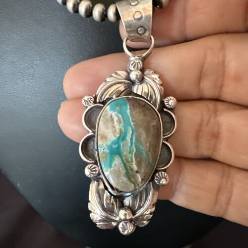 Navajo Blue Boulder Turquoise Necklace Pendant | Sterling Silver | Men's Women's | 16137