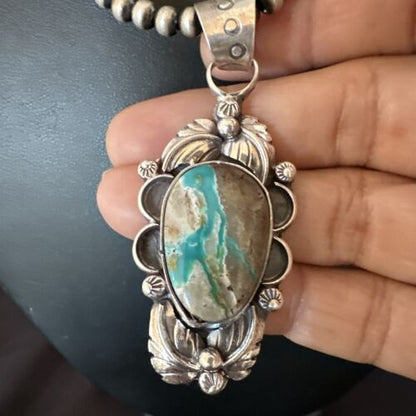 Navajo Blue Boulder Turquoise Necklace Pendant | Sterling Silver | Men's Women's | 16137