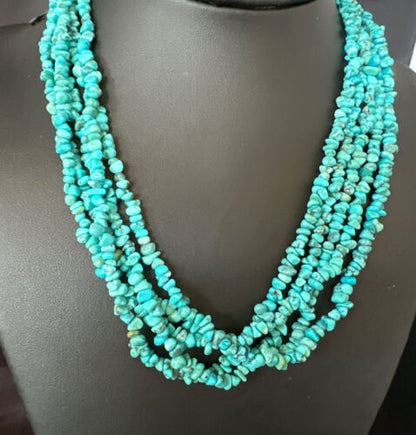 Navajo Blue Turquoise Nugget Bead Necklace | 5 Strand | Sterling Silver | 18" | 15077