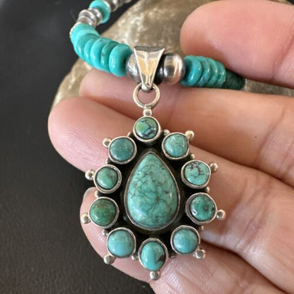 Navajo Blue Turquoise Cluster Pendant Necklace | Sterling Silver | Native American Handmade | 15815