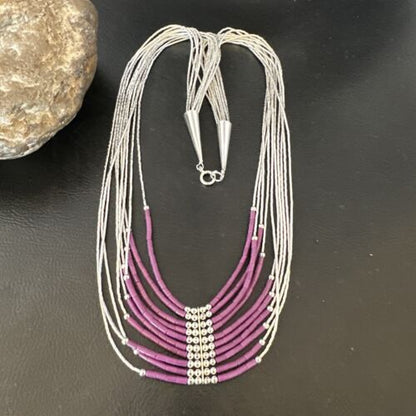 Navajo Sugilite 10-Strand Sterling Liquid Silver Tube Heishi Necklace 22" | Handmade | 16318