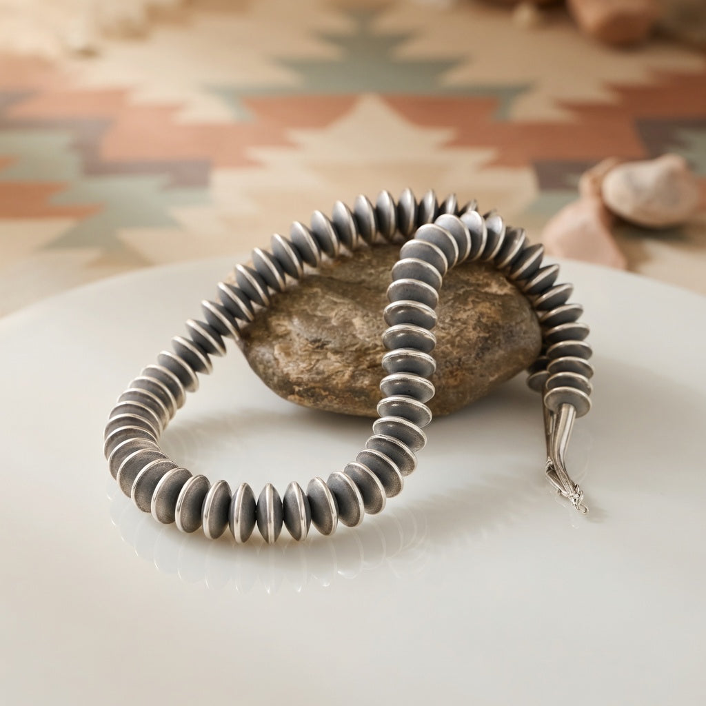 Statement Flat 14mm Rondelle Beads Necklace 20" | Sterling Silver | Authentic Native American Handmade | 19023