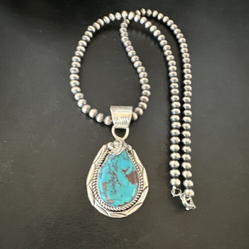 Navajo Blue Kingman Turquoise Pendant Necklace | Sterling Silver Pearls | Authentic Native American Handmade | 16024