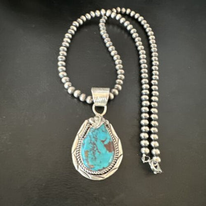 Navajo Blue Kingman Turquoise Pendant Necklace | Sterling Silver Pearls | Authentic Native American Handmade | 16024
