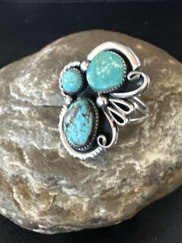 Navajo Blue Turquoise Cluster Ring | Authentic Native American Sterling Silver | Multi-Stone | Sz 9 | 14839