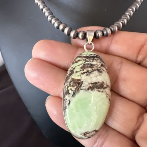 Navajo Green Gaspeite Pendant Necklace | Sterling Silver | Authentic Native American Handmade | 15481