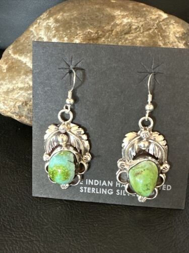 Navajo Green Sonoran Gold Turquoise Dangle Earrings | Sterling Silver | Authentic Native American Handmade | 14915