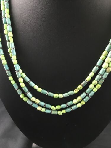 Navajo Blue Green Turquoise Necklace | 3-Strand | Sterling Silver | 17" | Authentic Native American Handmade | 10245