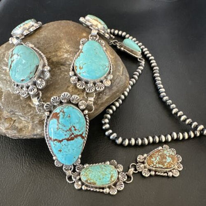 Navajo Blue Turquoise Lariat Necklace | Sterling Silver | 30" | Native American Handmade | 16488