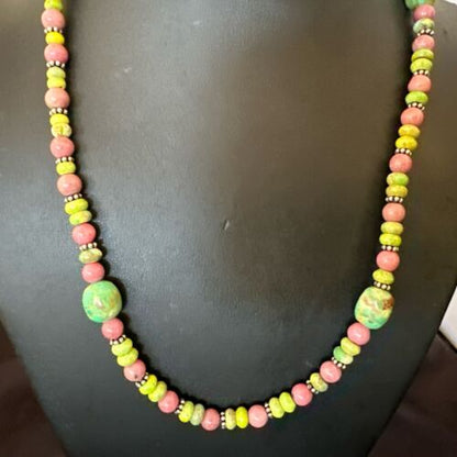 Navajo Green Turquoise Rhodochrosite Necklace | Sterling Silver | Authentic Native American Handmade | 20" | 17492