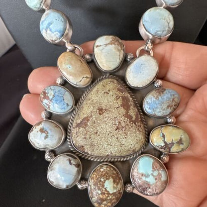 Navajo Blue Golden Hills Turquoise Lariat Necklace Pendant | Authentic Native American Handmade | 16184