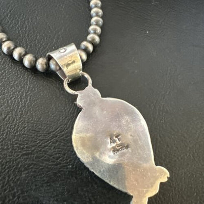 Navajo Blue Turquoise Pendant Necklace | Sterling Silver Pearls | Authentic Native American Handmade | 15654