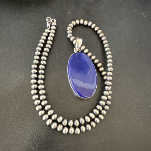 Navajo Blue Lapis Pendant with Pearls | Sterling Silver Necklace | 20" | Authentic Native American Handmade | 16668 - Masha USA