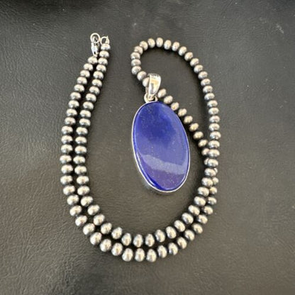 Navajo Blue Lapis Pendant with Pearls | Sterling Silver Necklace | 20" | Authentic Native American Handmade | 16668 - Masha USA