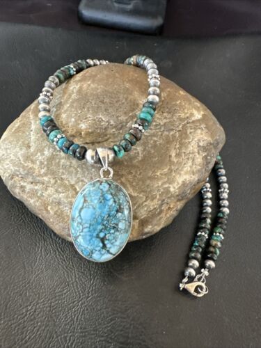 Men's Spiderweb Turquoise Pendant | Navajo Pearls Sterling Silver Necklace | Authentic Native American Handmade | 17301