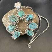 Navajo Men's Blue Turquoise Naja Pendant Necklace | Sterling Silver Pearls | Authentic Native American | 16404