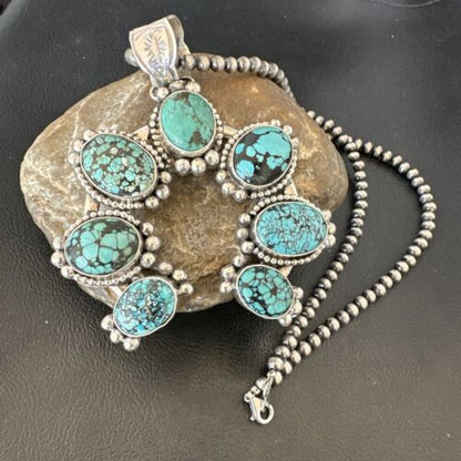 Navajo Men's Blue Turquoise Naja Pendant Necklace | Sterling Silver Pearls | Authentic Native American | 16404