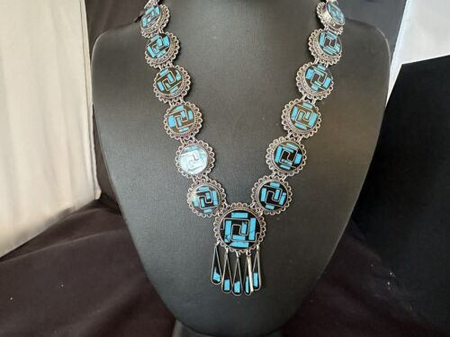 Navajo Sterling Silver Turquoise Onyx Choker Necklace | Inlay Pendant | 18" | 15535