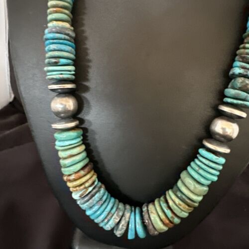 Blue-Green Turquoise Necklace | Navajo Sterling Silver | Authentic Native American Handmade | 21" | 16960