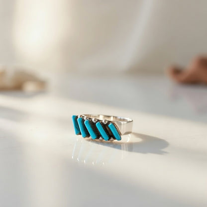 Zuni Blue Turquoise Needle Point Ring | Authentic Native American Sterling Silver | Multi-Stone | Sz 7 | 15397