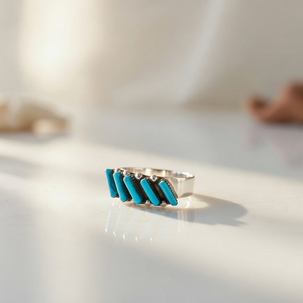 Zuni Blue Turquoise Needle Point Ring | Authentic Native American Sterling Silver | Multi-Stone | Sz 7 | 15397