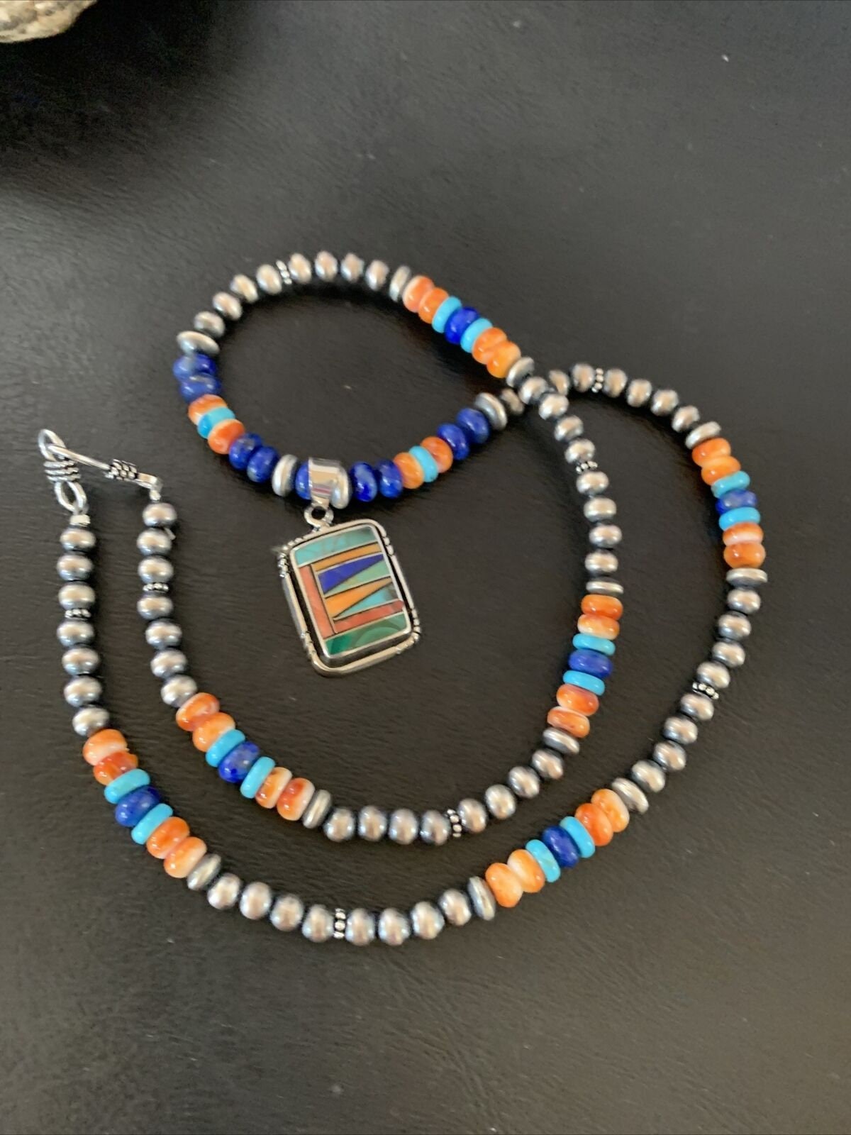 Navajo Native American Multicolor Turquoise Spiny Inlay Pendant Necklace | Sterling Silver | 10335