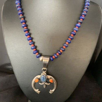 Navajo Blue Lapis Spiny Oyster Naja Pendant Necklace | Sterling Silver | Authentic Native American Handmade | 13706