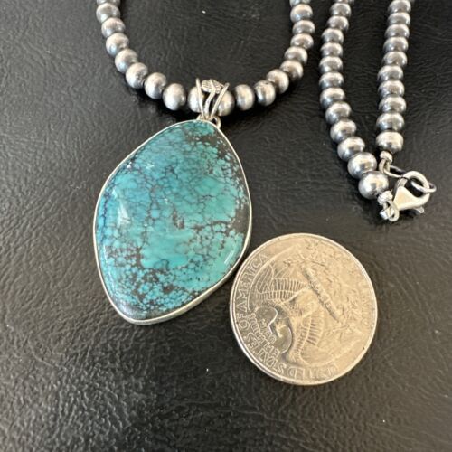Men's Navajo Blue Spiderweb Turquoise Pendant Necklace | Sterling Silver | Authentic Native American Handmade | 16271