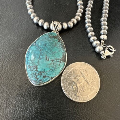 Men's Navajo Blue Spiderweb Turquoise Pendant Necklace | Sterling Silver | Authentic Native American Handmade | 16271
