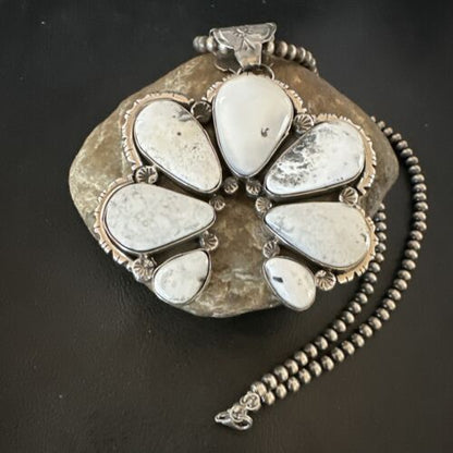 Navajo White Buffalo Turquoise Necklace Naja Pendant | Sterling Silver | Authentic Native American Handmade | 16805