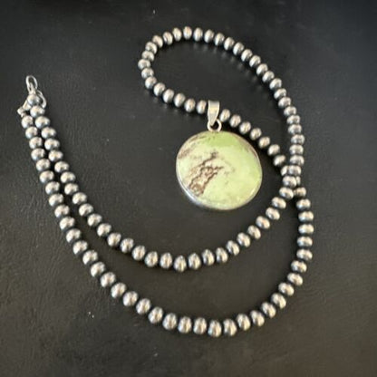 Navajo Green Gaspeite Pendant Necklace | Sterling Silver | Authentic Native American Handmade | 15492