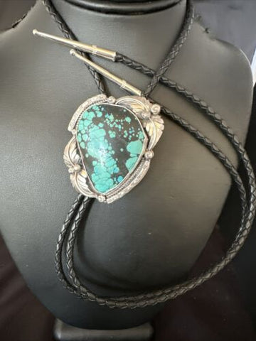 Mens Blue Spider Web Turquoise Navajo Sterling Silver Bolo Tie 15007