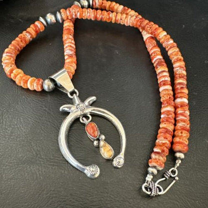 Navajo Red Spiny Oyster Naja Pendant Necklace | Sterling Silver | 23" | Authentic Native American Handmade | 17659