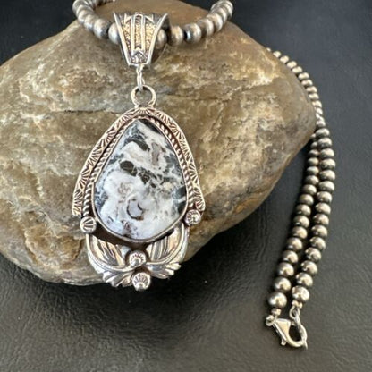 Navajo White Buffalo Turquoise Pendant Necklace | Sterling Silver | Authentic Native American Handmade | 17522
